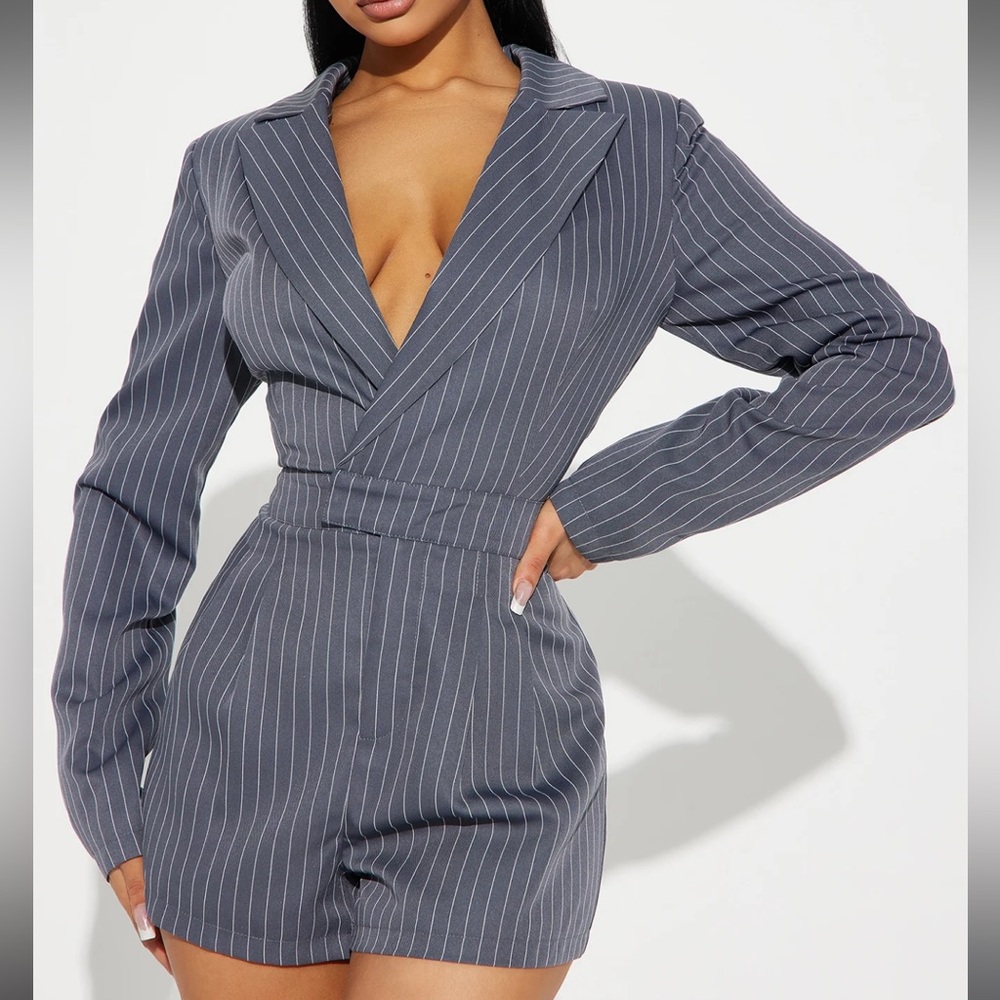 Fashion nova gray and white striped romper